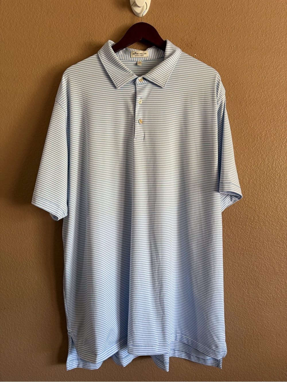Peter Millar Light Blue & White Micro-Stripe Polo with Baird Branding Size XXL